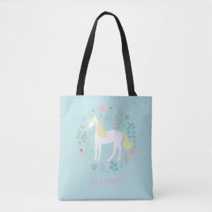 Pretty Unicorn & Flowers Aqua Personalised Tote Bag