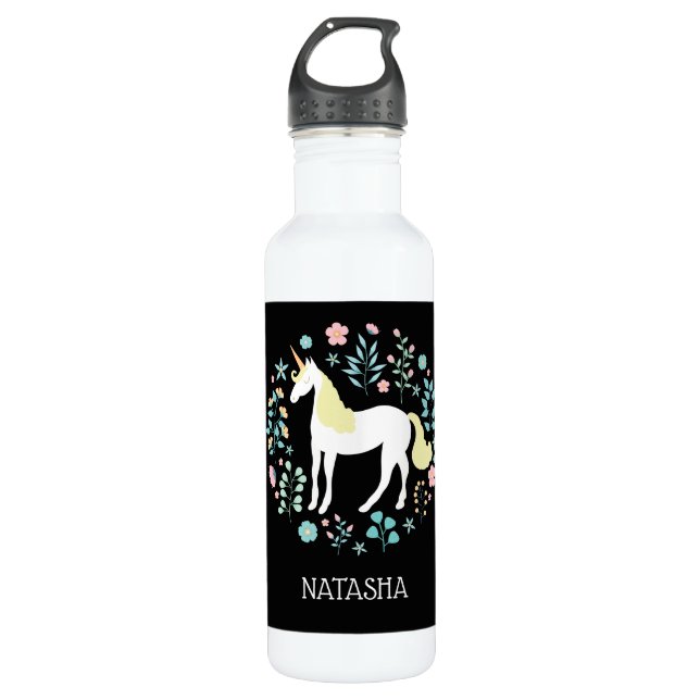 Pretty Unicorn & Flowers Black Personalised 710 Ml Water Bottle (Front)