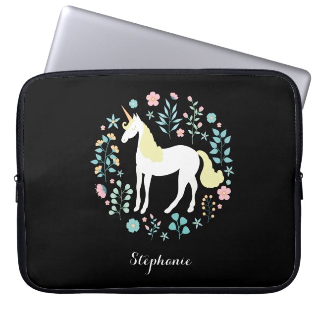 Pretty Unicorn & Flowers Black Personalised Laptop Sleeve (Front)