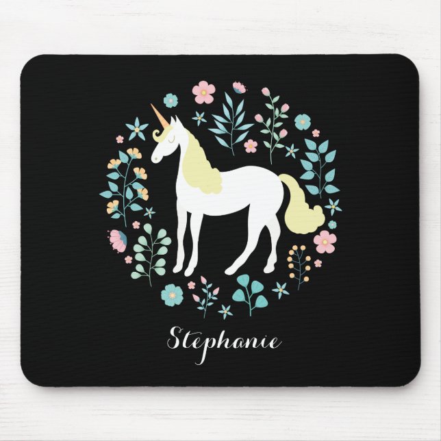 Pretty Unicorn & Flowers Black Personalised Mouse Pad (Front)