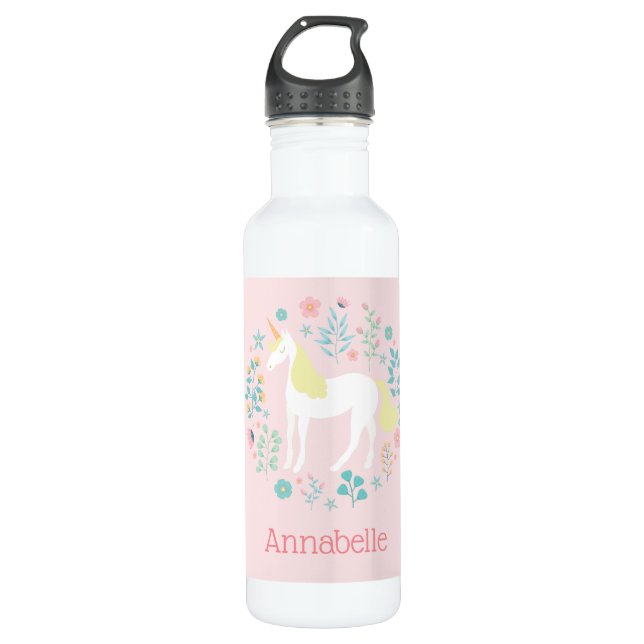 Pretty Unicorn & Flowers Blush Pink Personalised 710 Ml Water Bottle (Front)