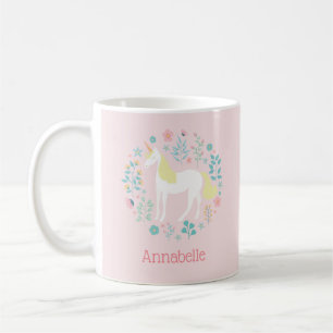 Pretty Unicorn & Flowers Blush Pink Personalised Coffee Mug