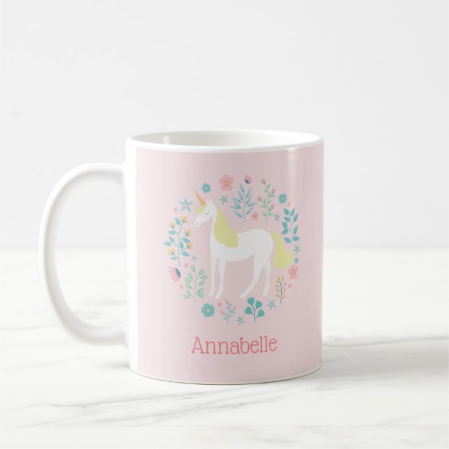 Pretty Unicorn & Flowers Blush Pink Personalised Coffee Mug (Left)