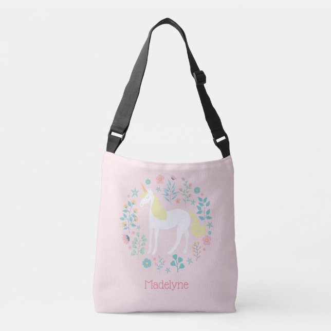 Pretty Unicorn & Flowers Blush Pink Personalised Crossbody Bag (Front)