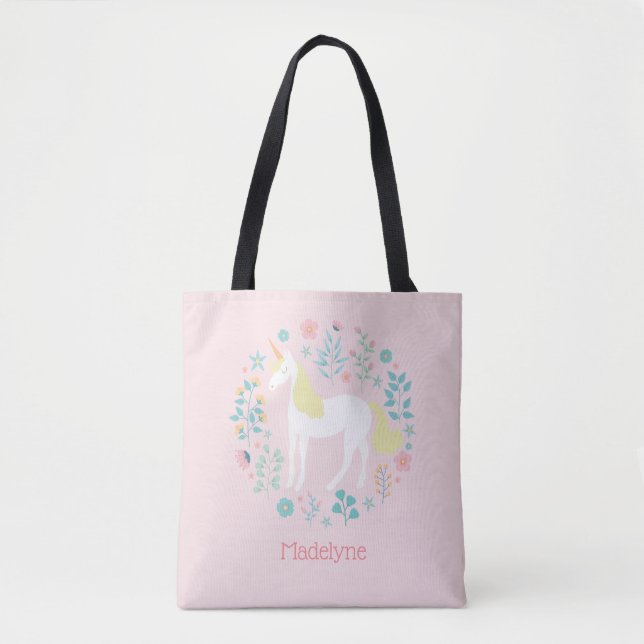 Pretty Unicorn & Flowers Blush Pink Personalised Tote Bag (Front)