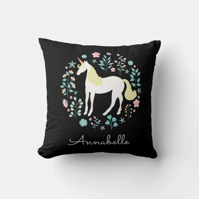 Pretty Unicorn & Flowers Personalised Black Cushion (Front)
