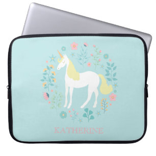 Pretty Unicorn & Flowers Personalised Laptop Sleeve
