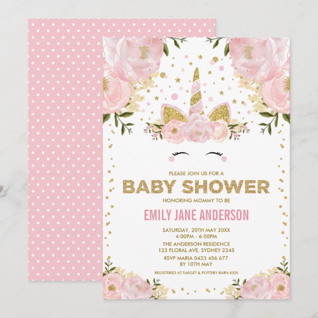 Pretty Unicorn Girl Baby Shower Pink Gold Floral Invitation (Front/Back)