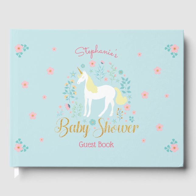 Pretty Unicorn Gold Glitter Baby Shower Guest Book (Front)