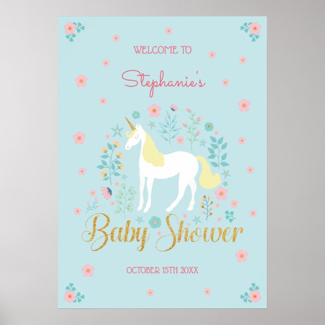 Pretty Unicorn Gold Glitter Baby Shower Poster (Front)