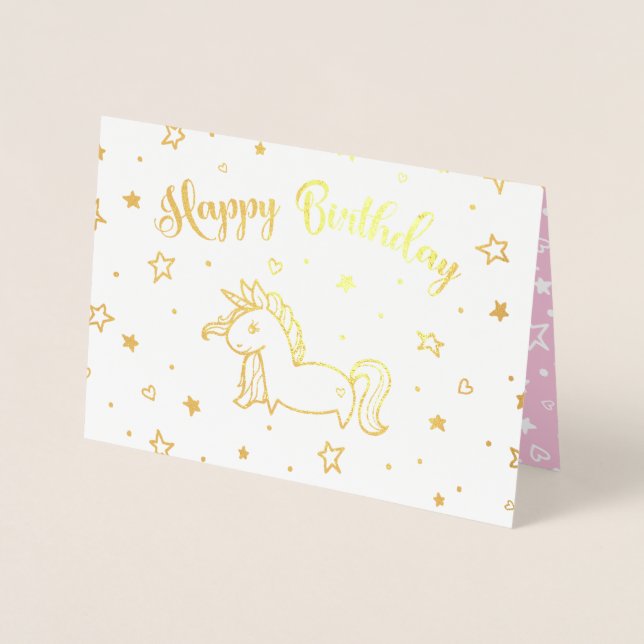 Pretty Unicorn Gold & Pink Happy Birthday Foil Card (Front)