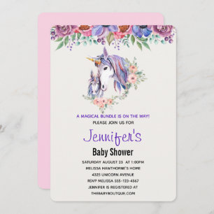 Pretty Unicorn Mum & Baby Watercolor Baby Shower Invitation