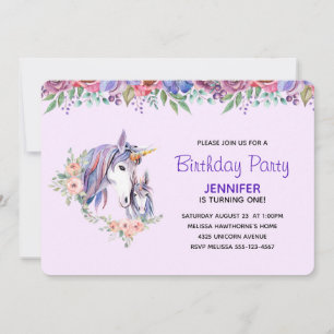 Pretty Unicorn Mum & Baby Watercolor Birthday Invitation