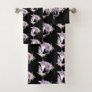Pretty Unicorn Mum & Baby Watercolor Floral Bath Towel Set
