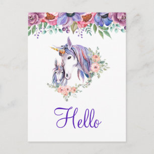 Pretty Unicorn Mum & Baby Watercolor Floral Hello Postcard