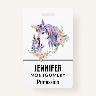 Pretty Unicorn Mum & Baby Watercolor Floral ID Badge