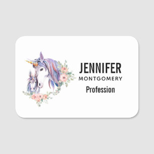 Pretty Unicorn Mum & Baby Watercolor Floral Name Tag