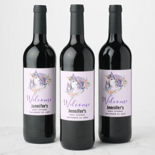 Pretty Unicorn Mum & Baby Watercolor Welcome Wine Label