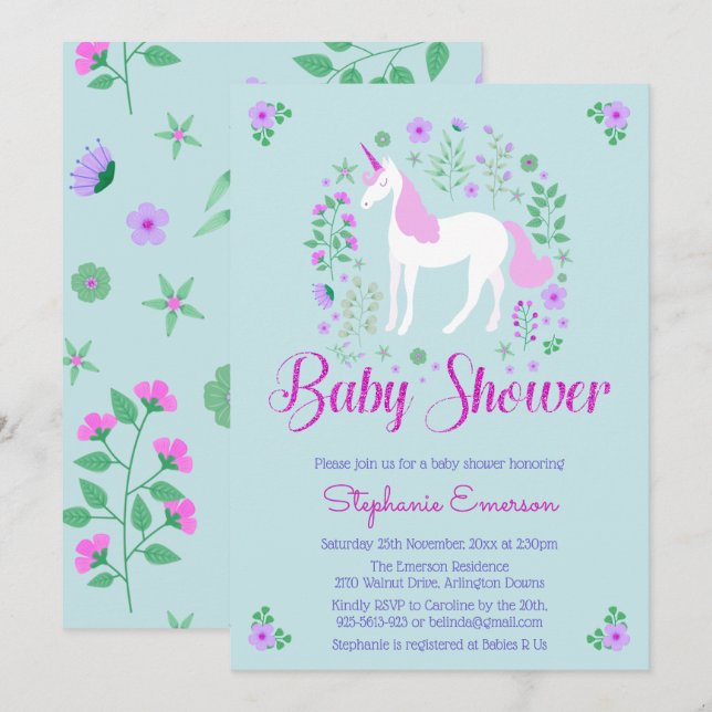 Pretty Unicorn Pink Aqua Baby Shower Invitation (Front/Back)
