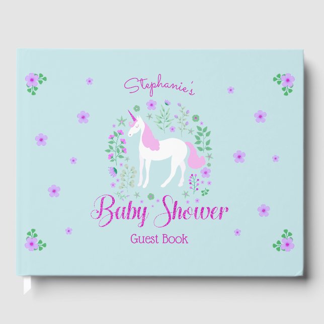 Pretty Unicorn Pink Aqua Baby Shower Personalised Guest Book (Front)