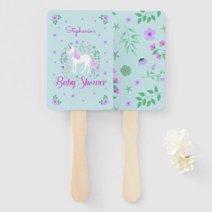 Pretty Unicorn Pink Aqua Baby Shower Personalised Hand Fan