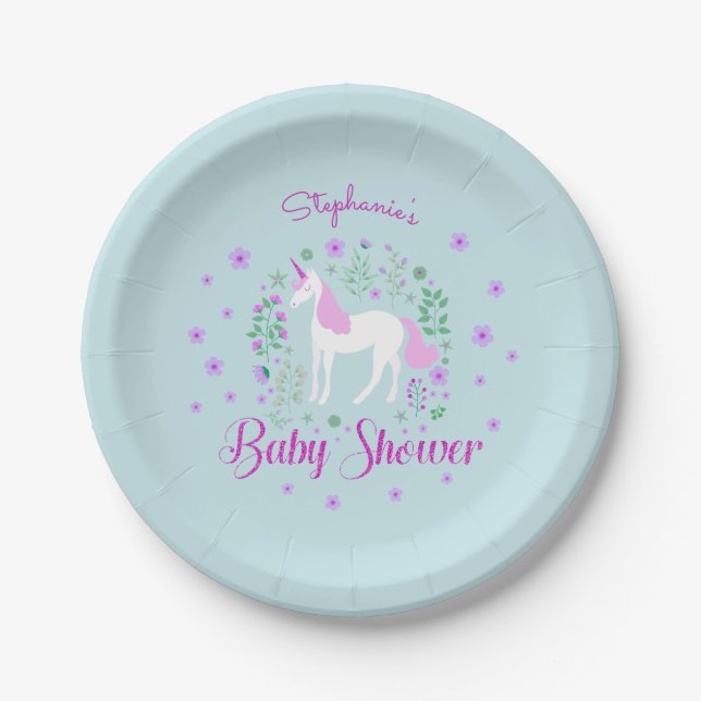 Pretty Unicorn Pink Aqua Baby Shower Personalised Paper Plate (Front)