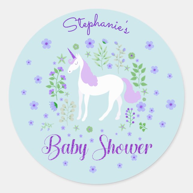 Pretty Unicorn Purple Aqua Baby Shower Classic Round Sticker (Front)