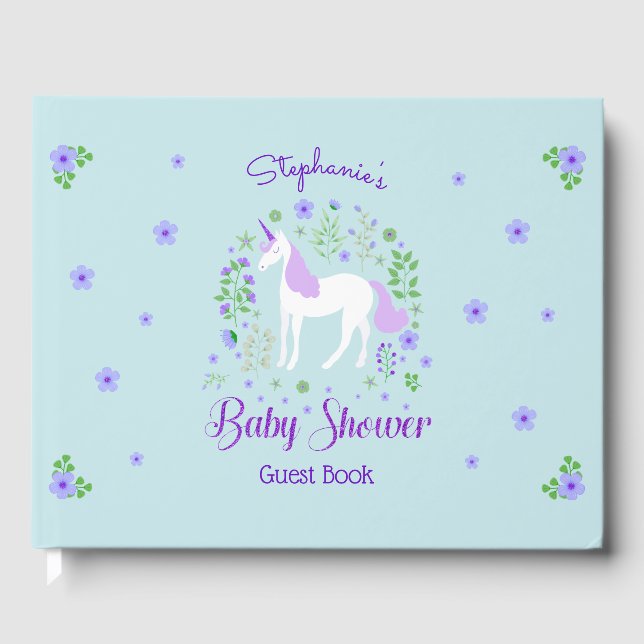 Pretty Unicorn Purple Aqua Baby Shower Guest Book (Front)