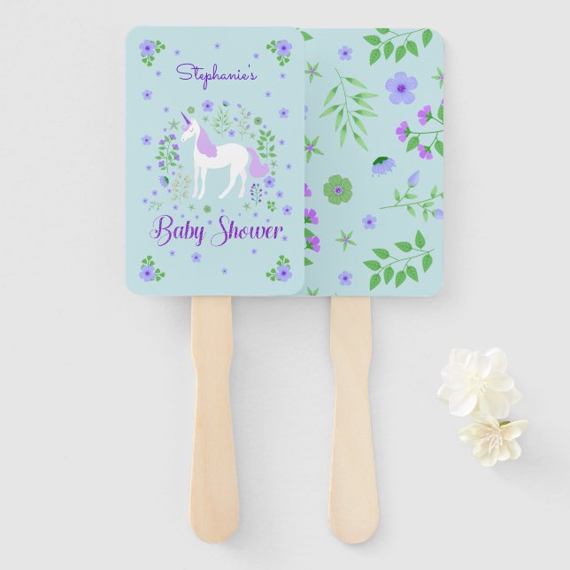 Pretty Unicorn Purple Aqua Baby Shower Hand Fan (Front and Back)