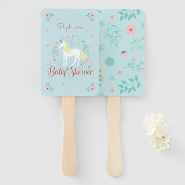 Pretty Unicorn Rose Gold Glitter Baby Shower Hand Fan (Front and Back)