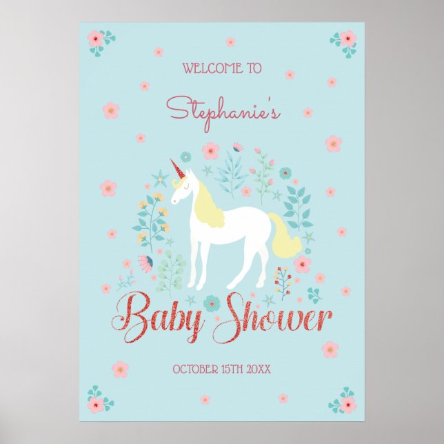 Pretty Unicorn Rose Gold Glitter Baby Shower Poster (Front)