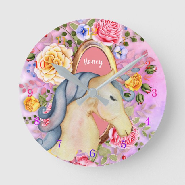 Pretty Unicorn Roses Named Girls Room Decor Round Clock (Front)