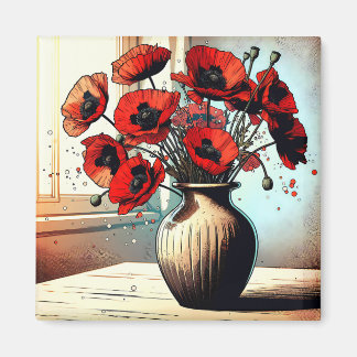 Pretty Vase of Red Poppies ai art Magnet