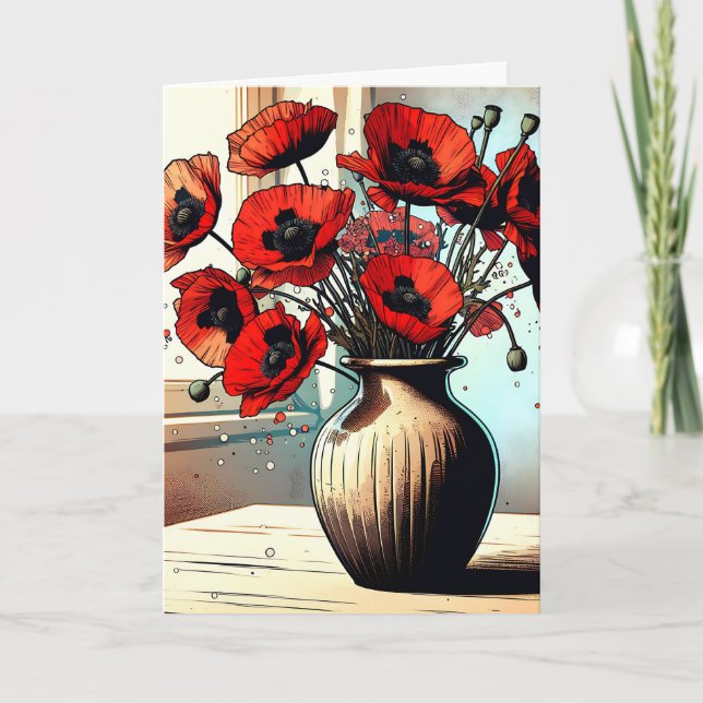 Pretty Vase of Red Poppies Thinking of You Card (Front)