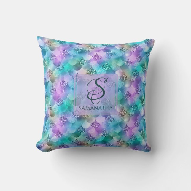 Pretty Vibrant Faux Glitter Mermaid Mix Monogram Cushion (Front)