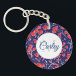 Pretty Vibrant Red Blue Floral Personalised Key Ring<br><div class="desc">Modern pretty floral pattern with elegant personalisation.</div>