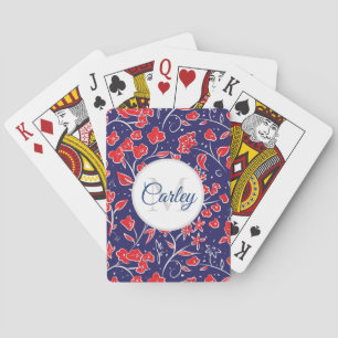Pretty Vibrant Red Blue Floral Personalised  Playing Cards