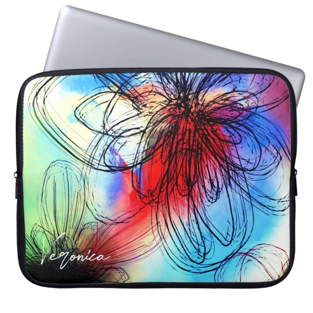 Pretty Vibrant Watercolor Dahlia Floral Abstract Laptop Sleeve (Front)
