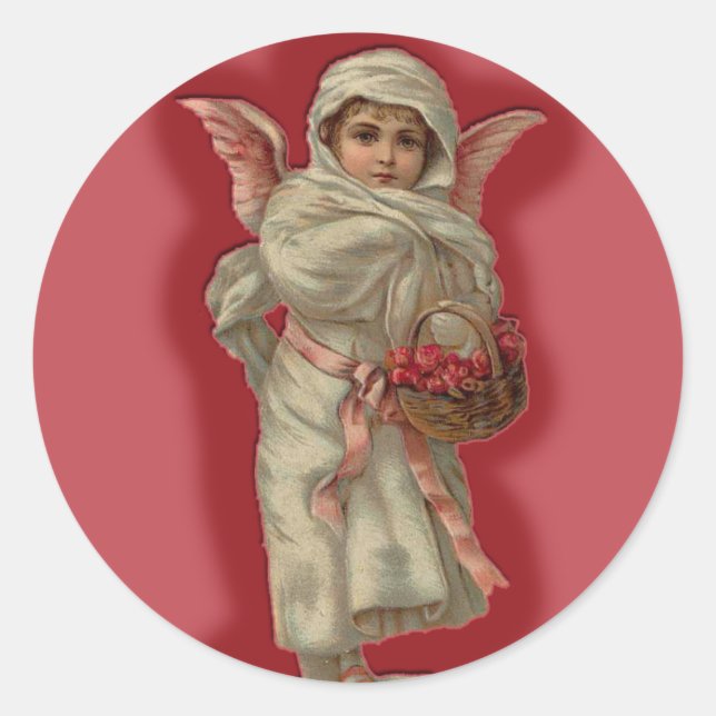 Pretty Victorian Angel Child with Basket Classic Round Sticker (Front)