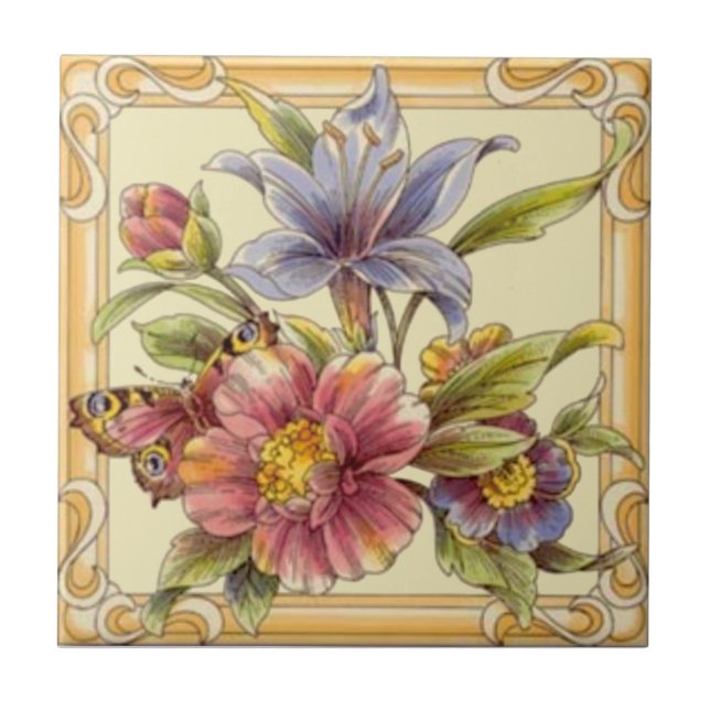 Pretty Victorian Floral Hand Coloured Reproduction Tile (Front)