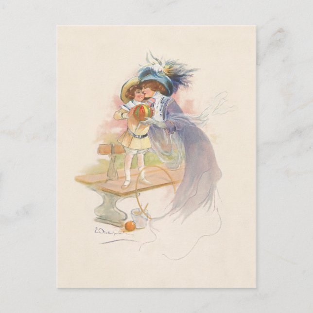 Pretty Victorian Mother and Daughter Holiday Postcard (Front)