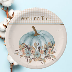 Pretty Vintage Blue Autumn Plaid Floral Pumpkin  Paper Plate