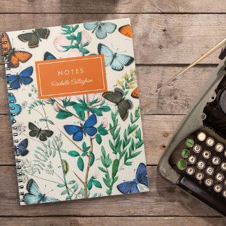 Pretty Vintage Butterflies Blue Orange Name Notebook