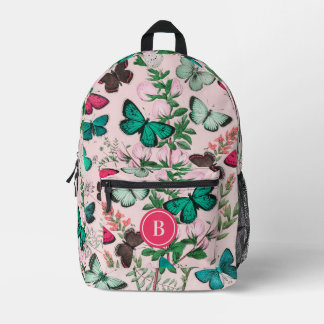Pretty Vintage Butterflies Pink Monogram Printed Backpack