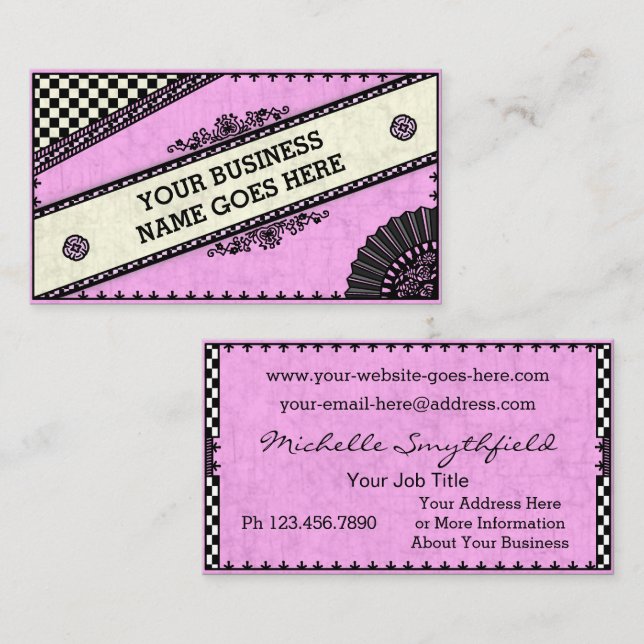 Pretty Vintage Chequered Pink Fan Girly Business Card (Front/Back)