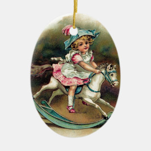 Pretty vintage child on rockinghorse shabbychic ceramic tree decoration