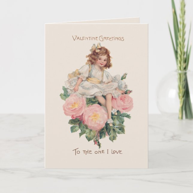 Pretty Vintage Child, Roses & Valentine Greeting Holiday Card (Front)