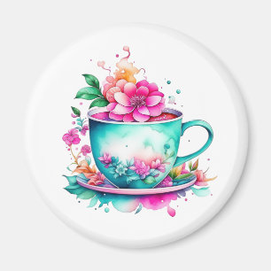 Pretty Vintage Coffee Cup with Pink Flowers Magnet