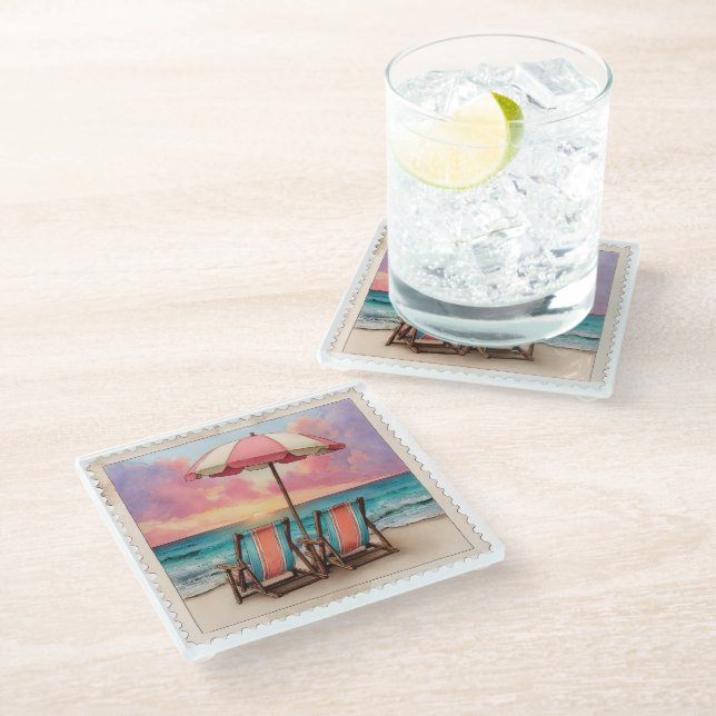 PRETTY VINTAGE DISTRESSED SUMMER BEACH SCENE GLASS COASTER (Angled)