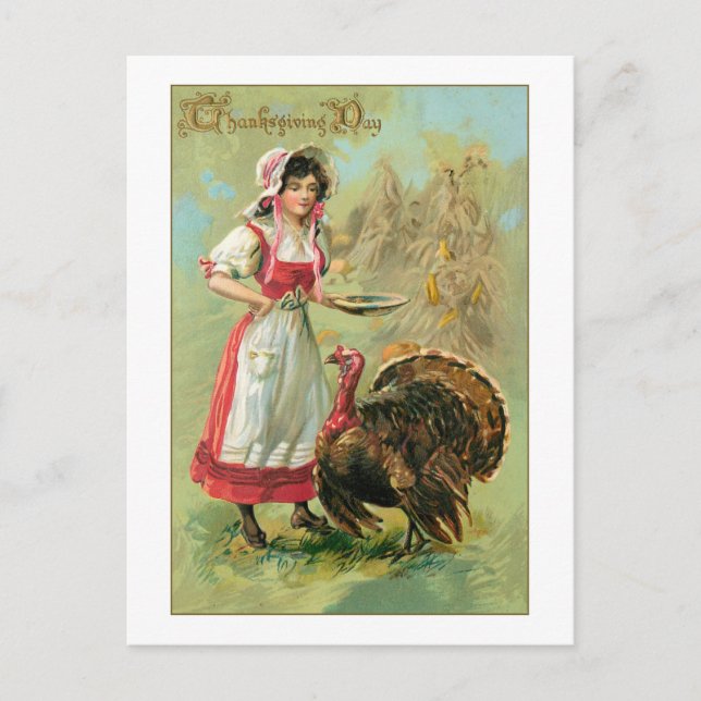 Pretty Vintage Farm Girl with Turkey Postcard (Front)